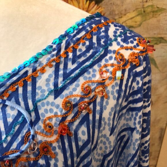 Sz M Kalypso 7 Blue & White Ombre Print Beach Coverup with Orange Embroi… - Picture 11 of 17